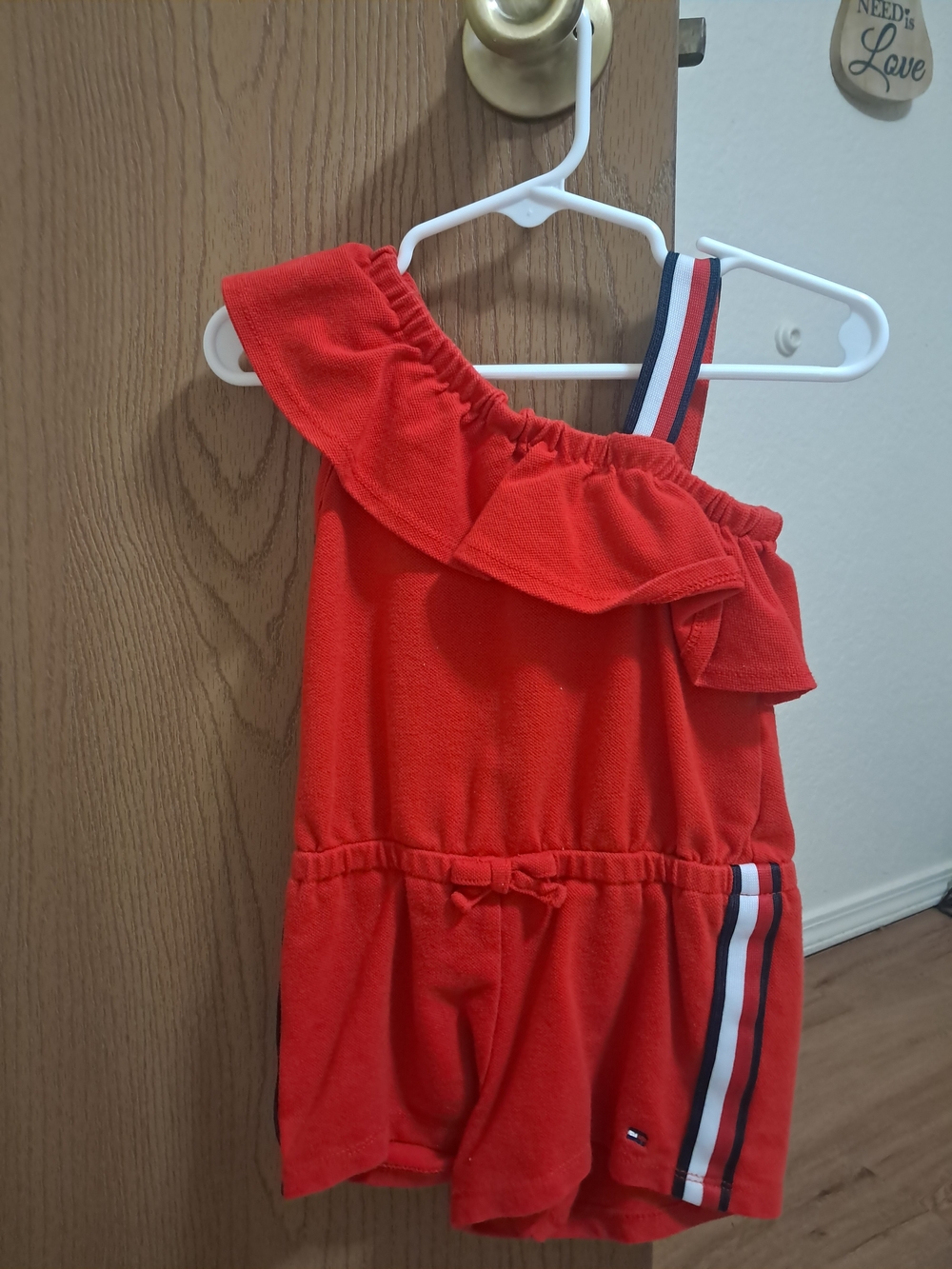 Tommy Hilfiger Red Girls' One-Shoulder Romper with Navy & White Stripe